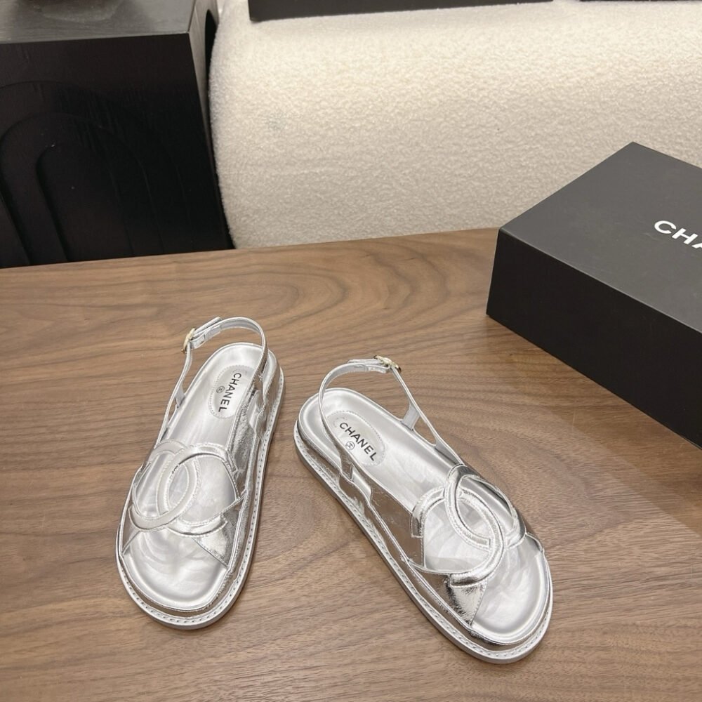 Chanel CC Logo Sandals Metallic Silver