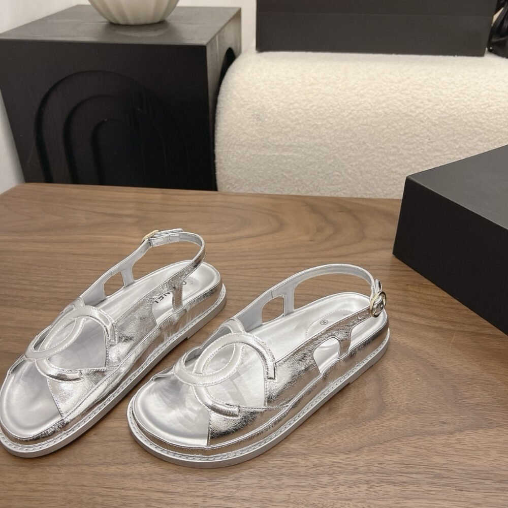 Chanel CC Logo Sandals Metallic Silver