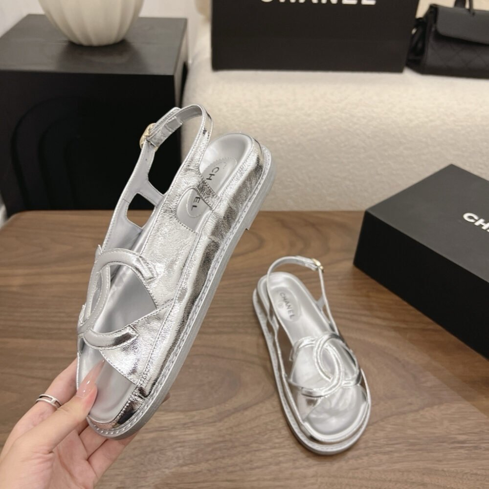 Chanel CC Logo Sandals Metallic Silver