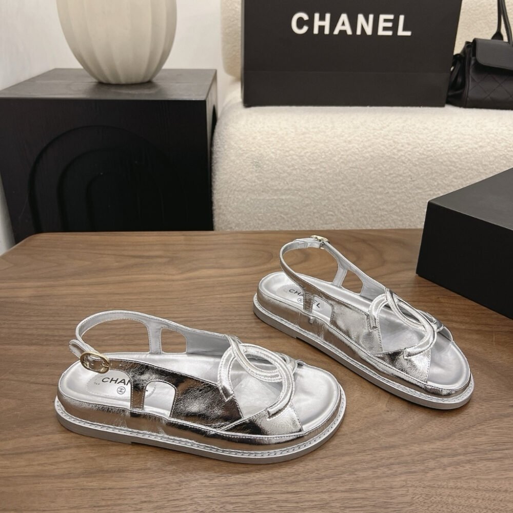 Chanel CC Logo Sandals Metallic Silver