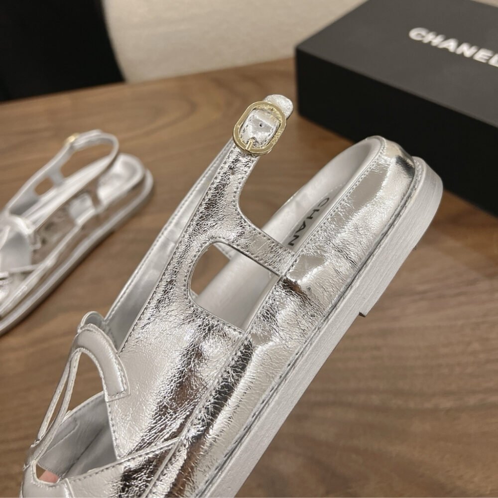 Chanel CC Logo Sandals Metallic Silver