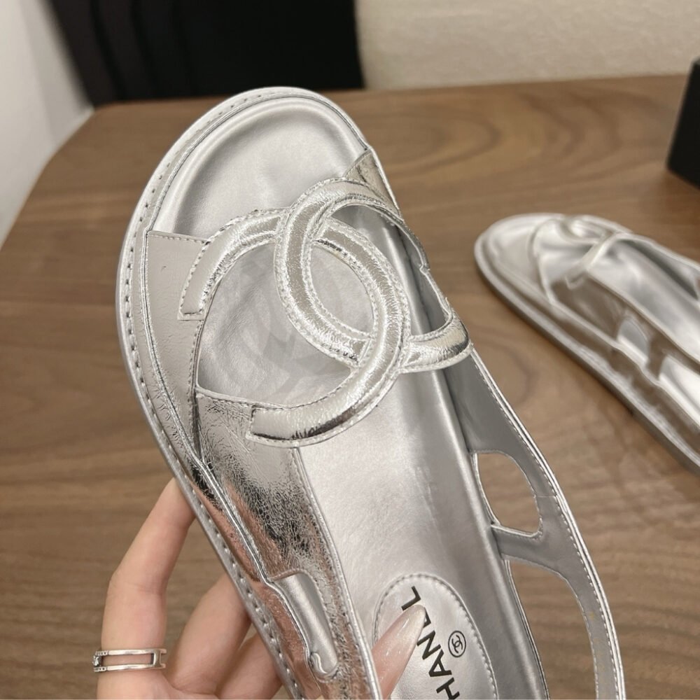 Chanel CC Logo Sandals Metallic Silver