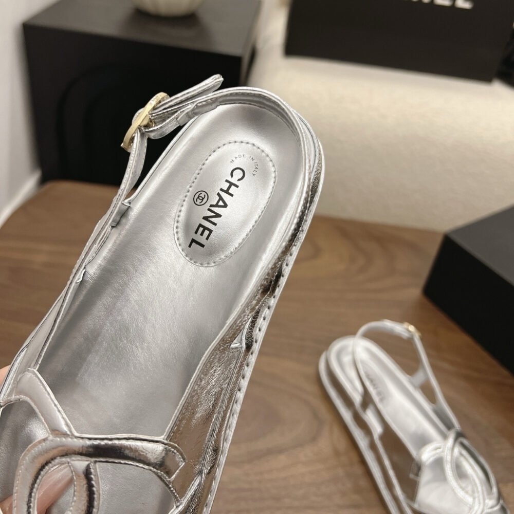 Chanel CC Logo Sandals Metallic Silver