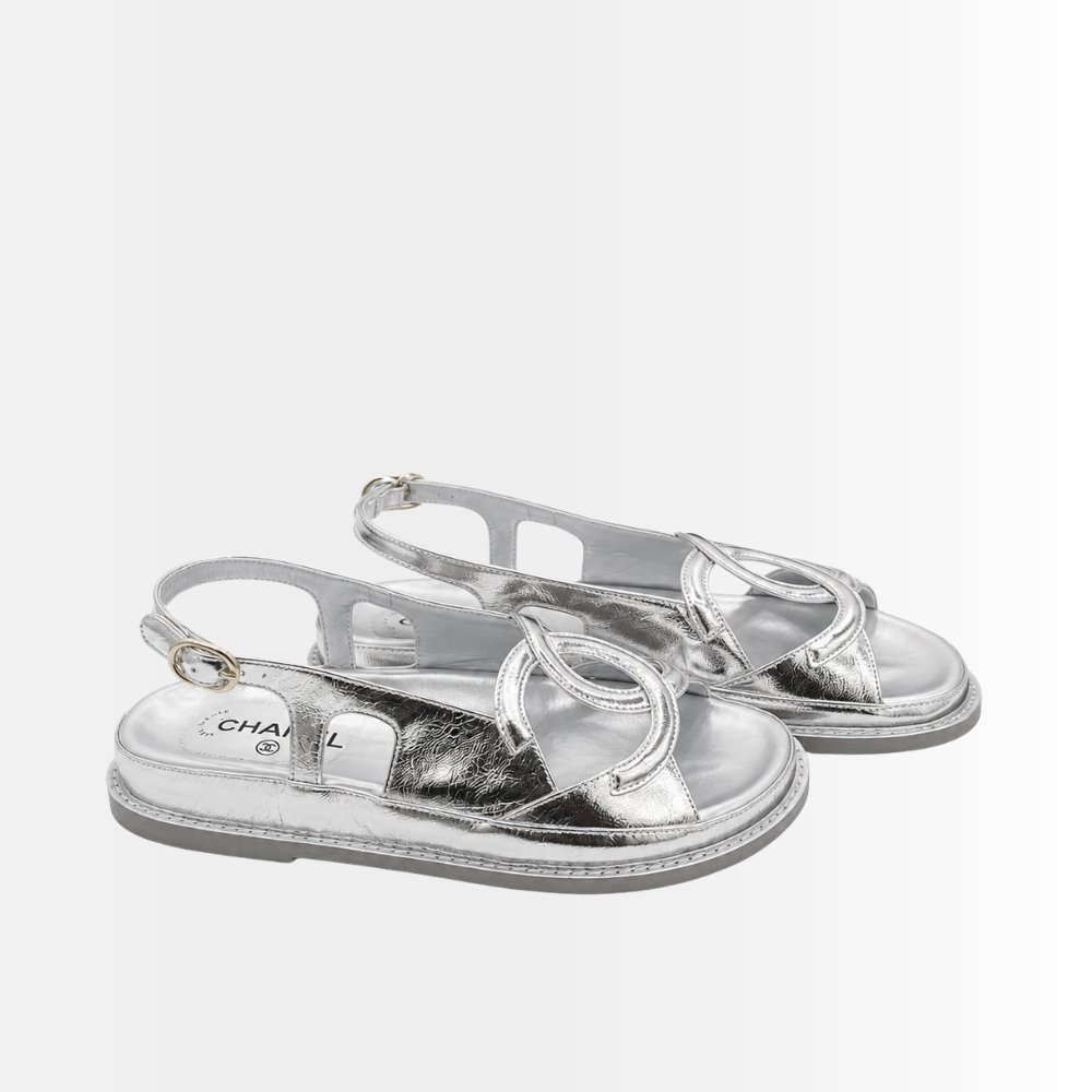 Chanel CC Logo Sandals Metallic Silver