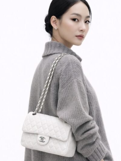 Chanel Classic Medium Double Flap Bag White Silver Hardware 25Cm