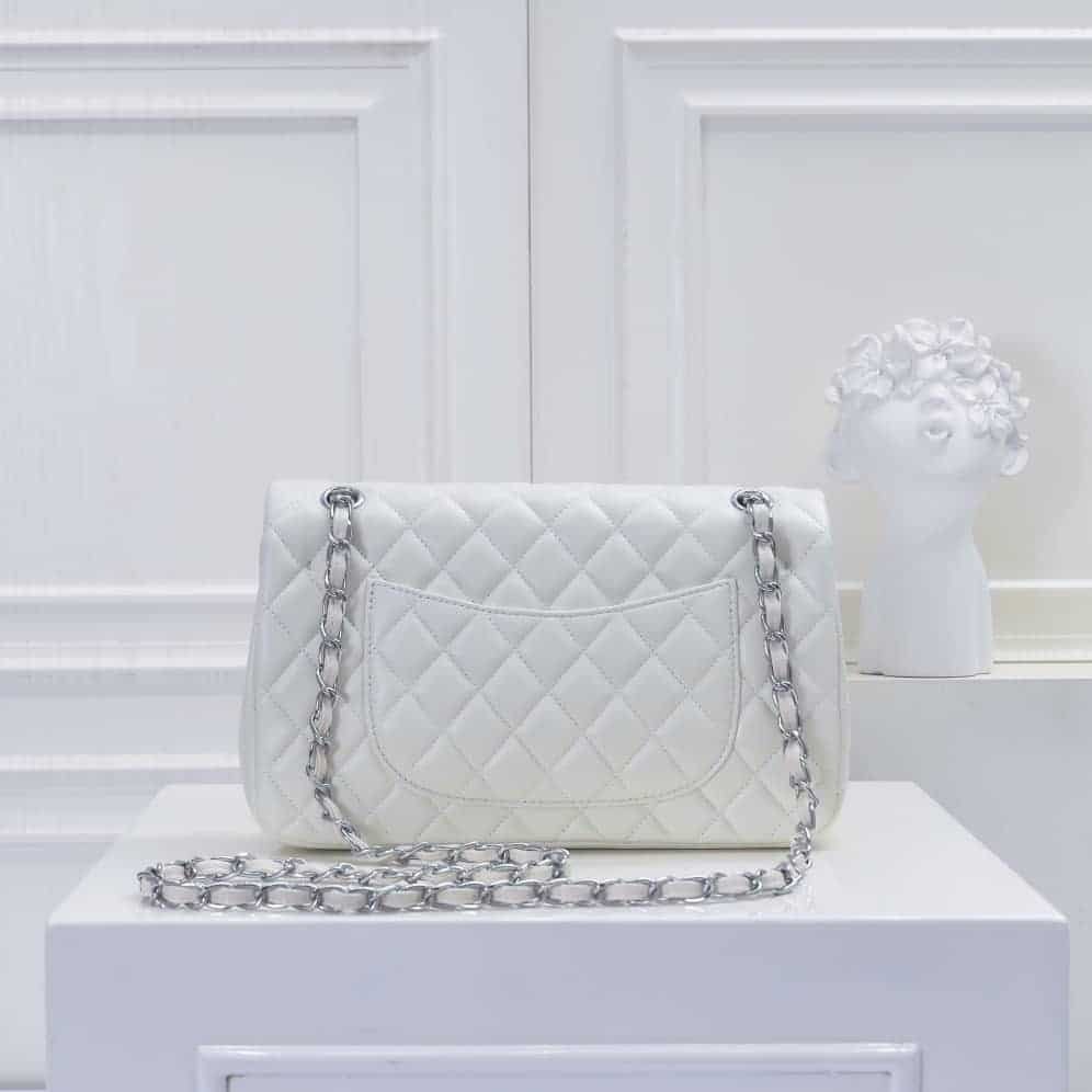 Chanel Classic Medium Double Flap Bag White Silver Hardware 25Cm