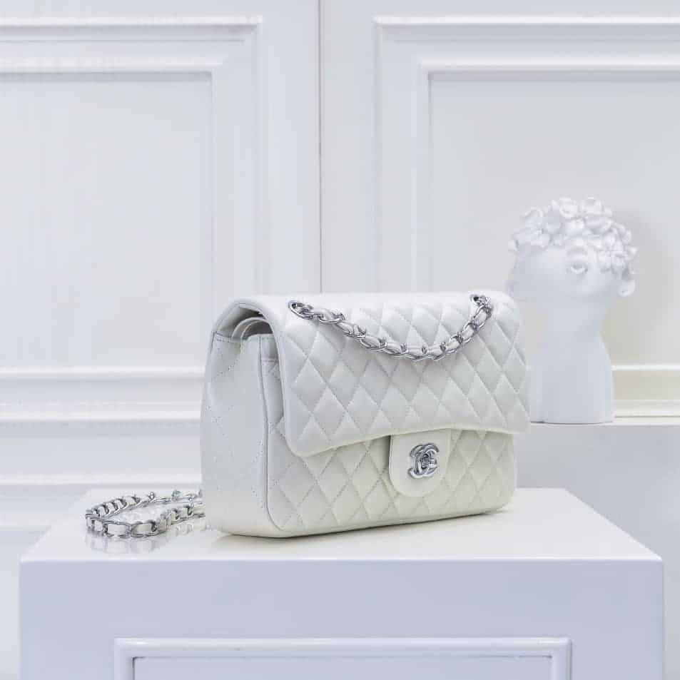 Chanel Classic Medium Double Flap Bag White Silver Hardware 25Cm