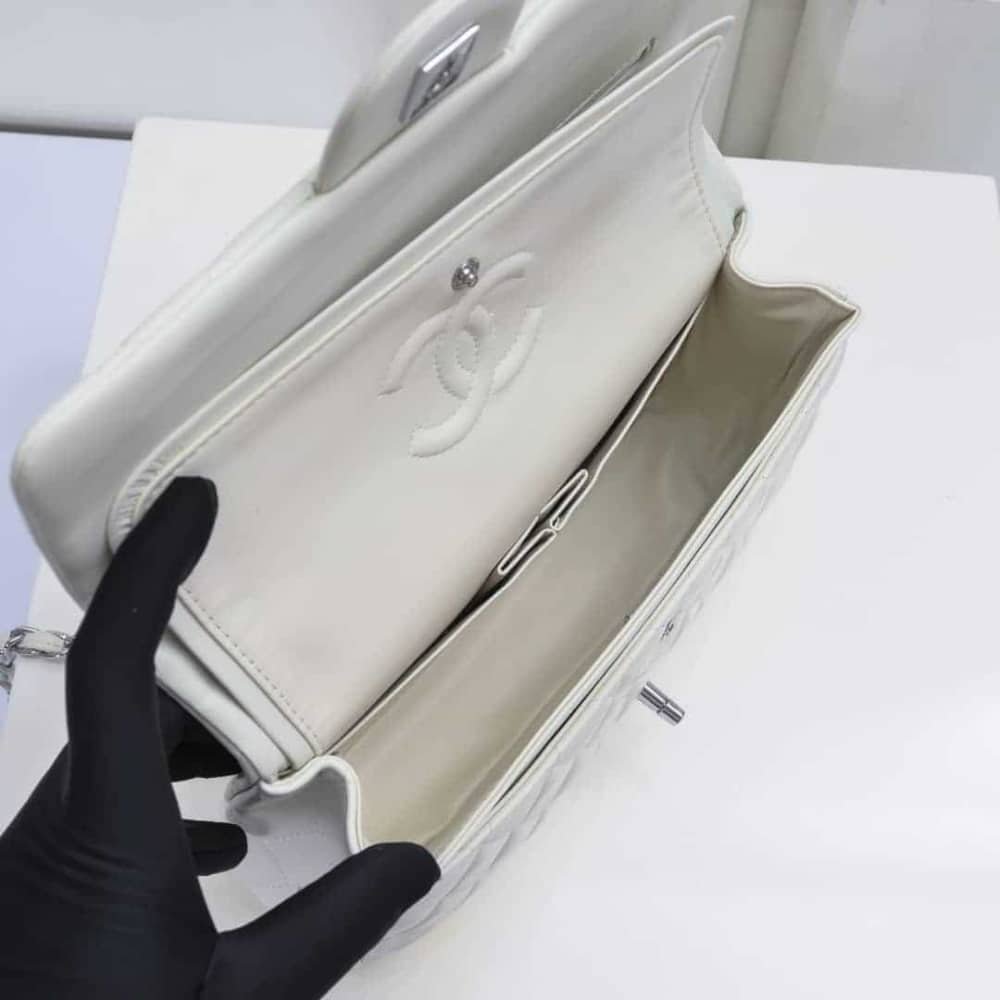 Chanel Classic Medium Double Flap Bag White Silver Hardware 25Cm