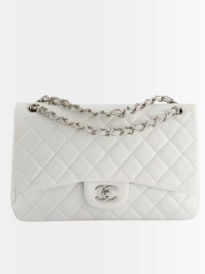 Chanel Classic Medium Double Flap Bag White Silver Hardware 25Cm