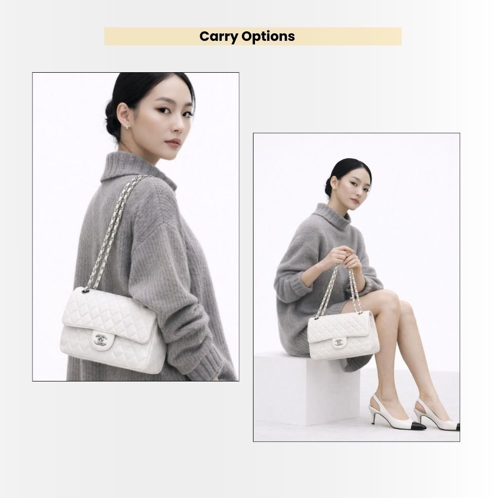 Chanel Classic Medium Double Flap Bag White Silver Hardware 25Cm