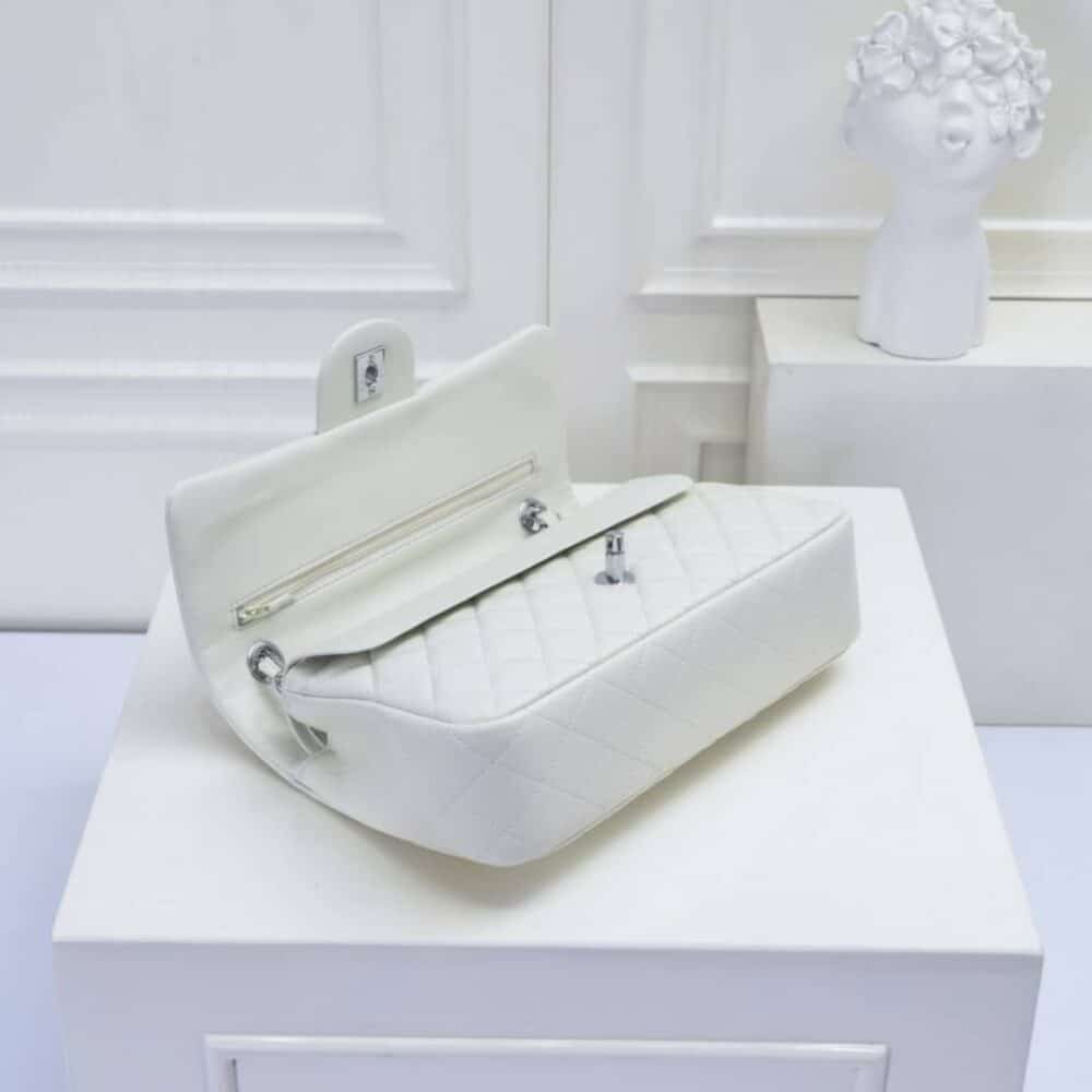 Chanel Classic Medium Double Flap Bag White Silver Hardware 25Cm