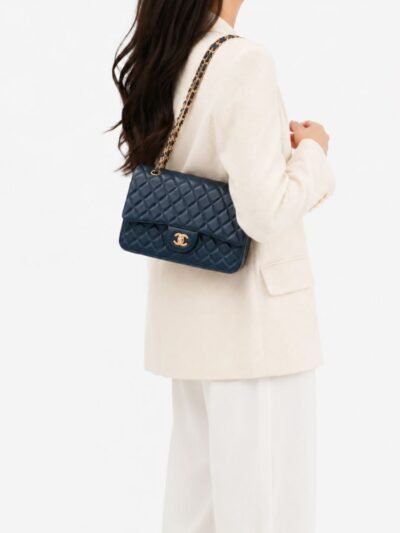 Chanel Classic Medium Double Flap Navy And Gold 25Cm