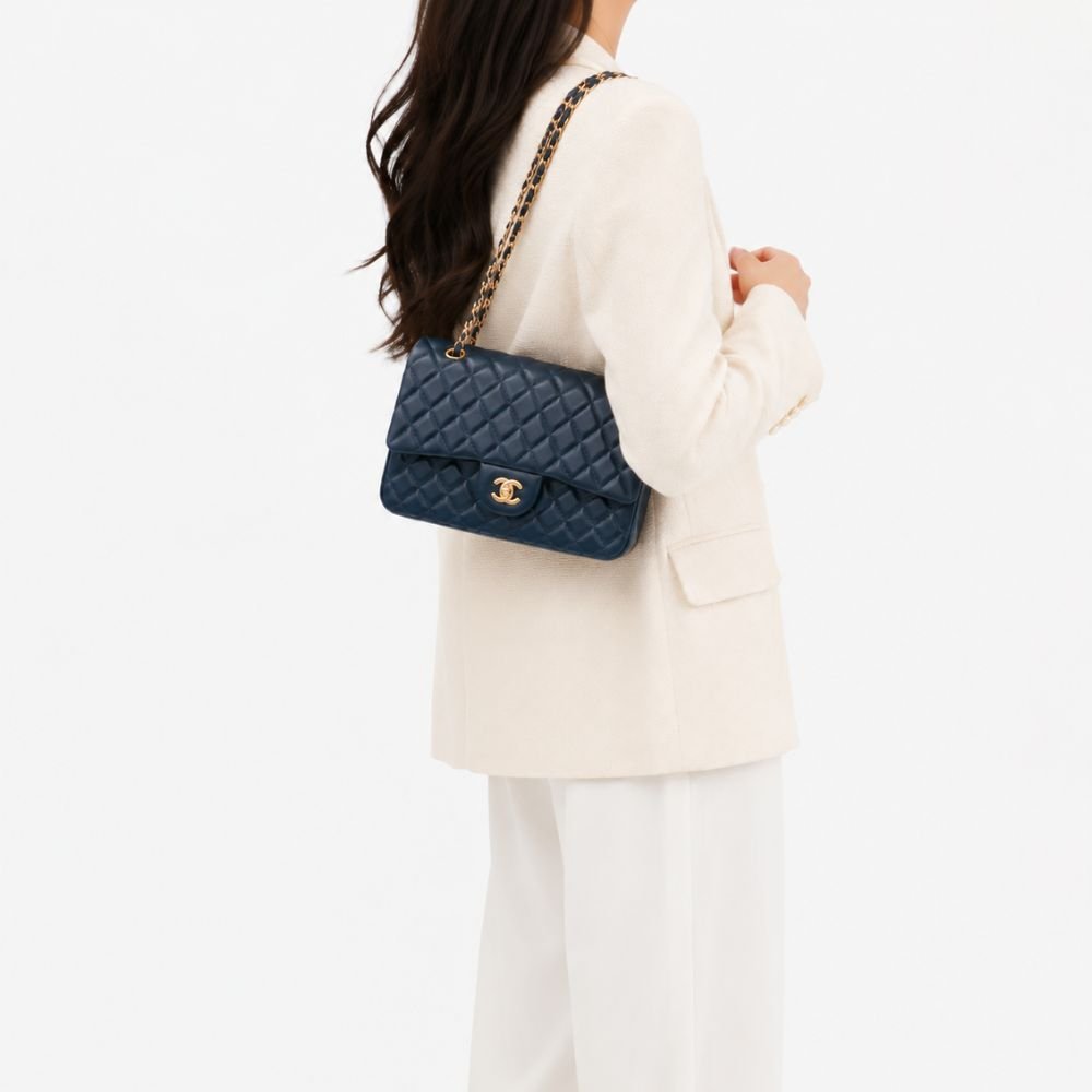 Chanel Classic Medium Double Flap Navy And Gold 25Cm