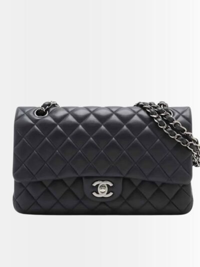 Chanel Classic Medium Flap Bag Black Leather With Silver Hardware 25cm A01113 Y01480 94305