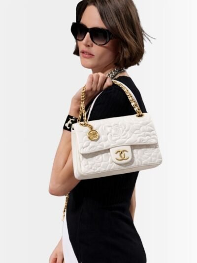 Chanel Classic Medium Flap Bag With Camellia Flower Chain White 25Cm
