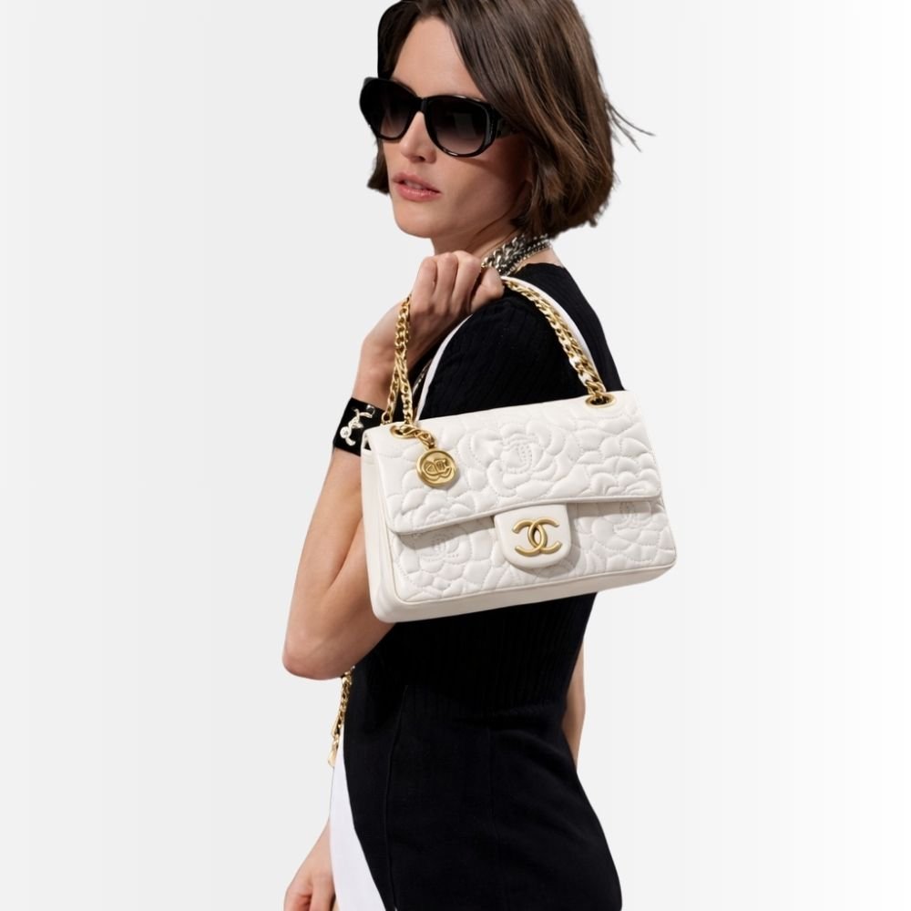 Chanel Classic Medium Flap Bag With Camellia Flower Chain White 25Cm