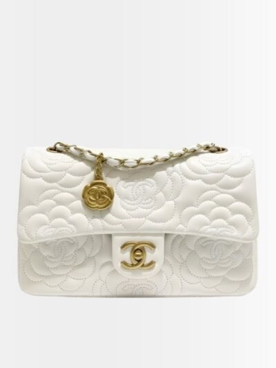 Chanel Classic Medium Flap Bag With Camellia Flower Chain White 25Cm