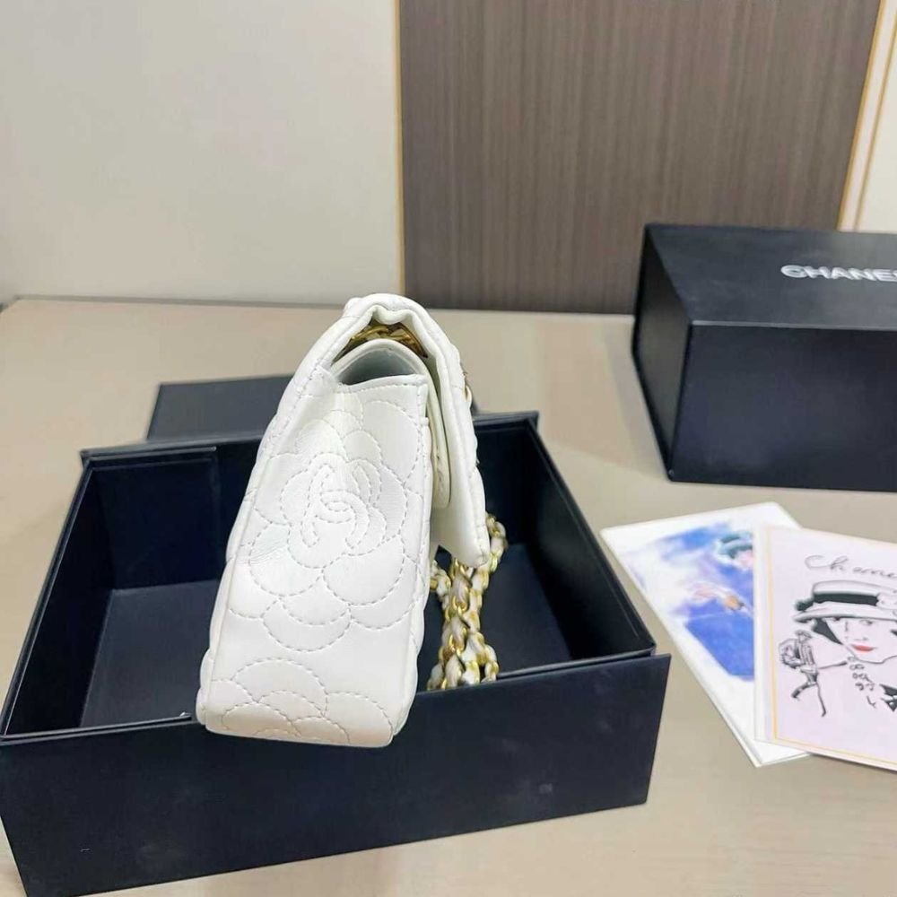 Chanel Classic Medium Flap Bag With Camellia Flower Chain White 25Cm