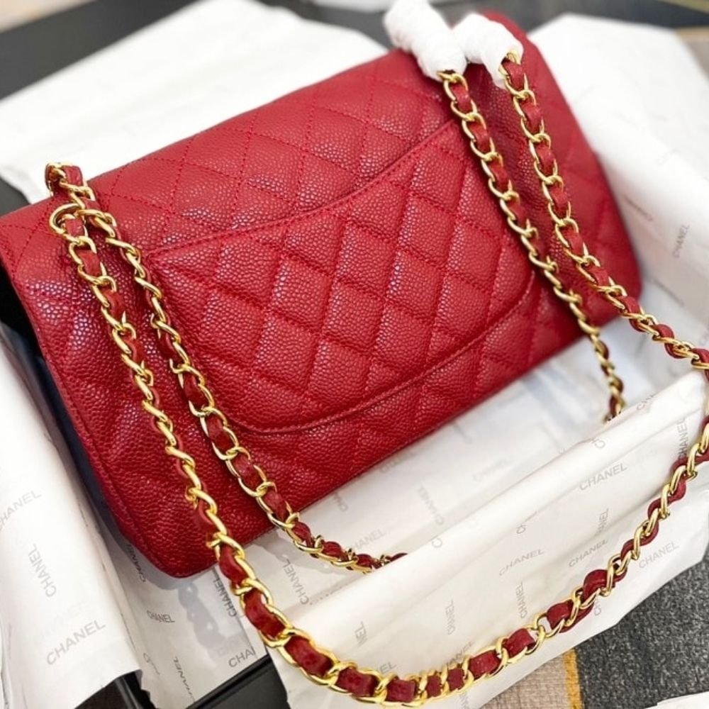 Chanel Classic Medium Flap Red And Gold 25Cm