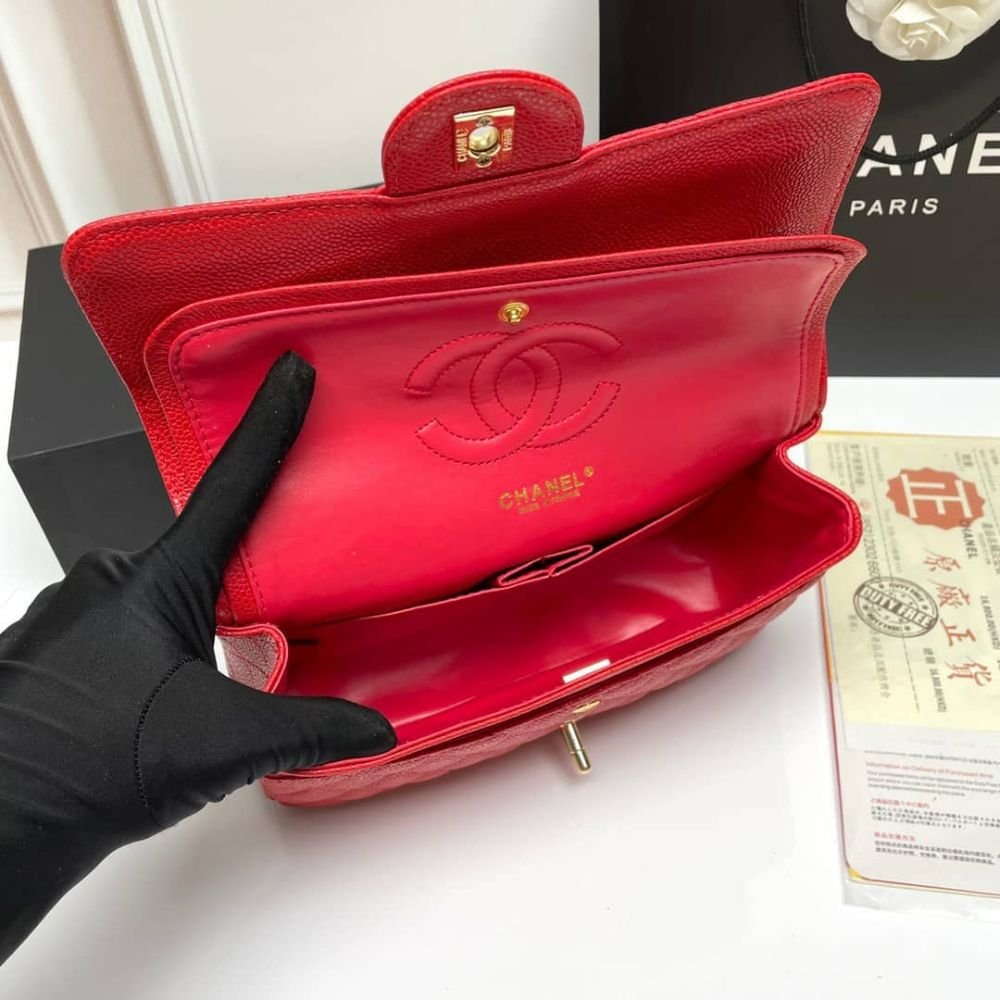 Chanel Classic Medium Flap Red And Gold 25Cm