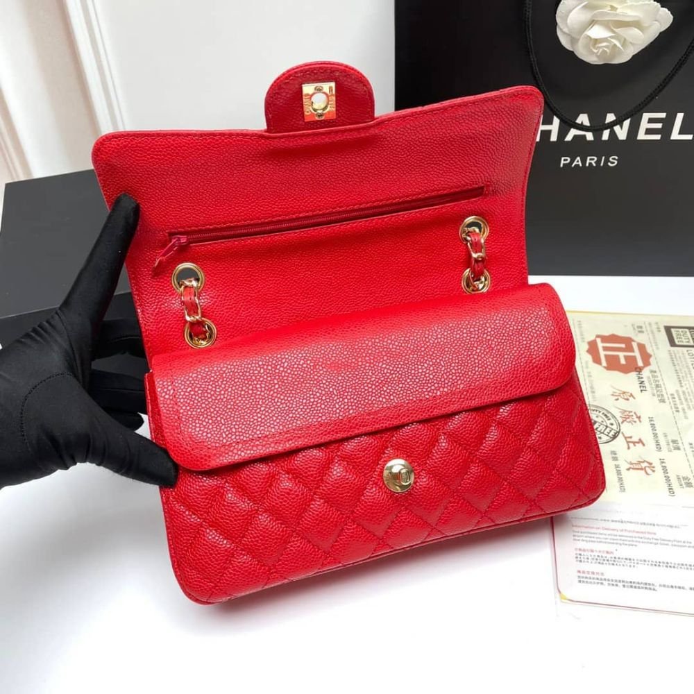 Chanel Classic Medium Flap Red And Gold 25Cm