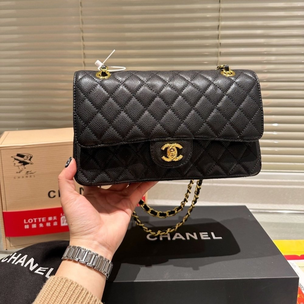 Chanel Classic Medium Handbag Grained And Gold Tone Metal Black 25Cm A01113 Y01864 C3906