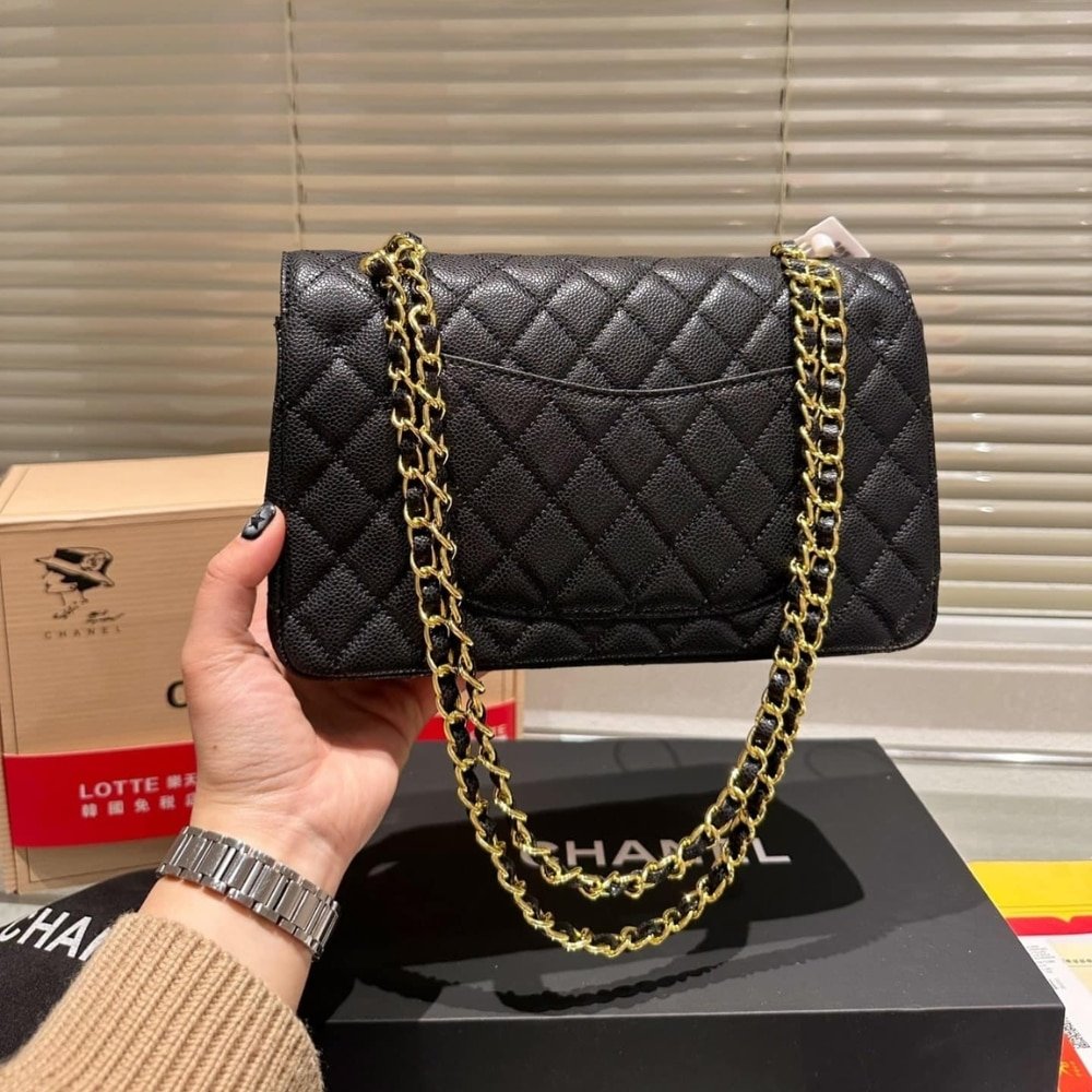 Chanel Classic Medium Handbag Grained And Gold Tone Metal Black 25Cm A01113 Y01864 C3906