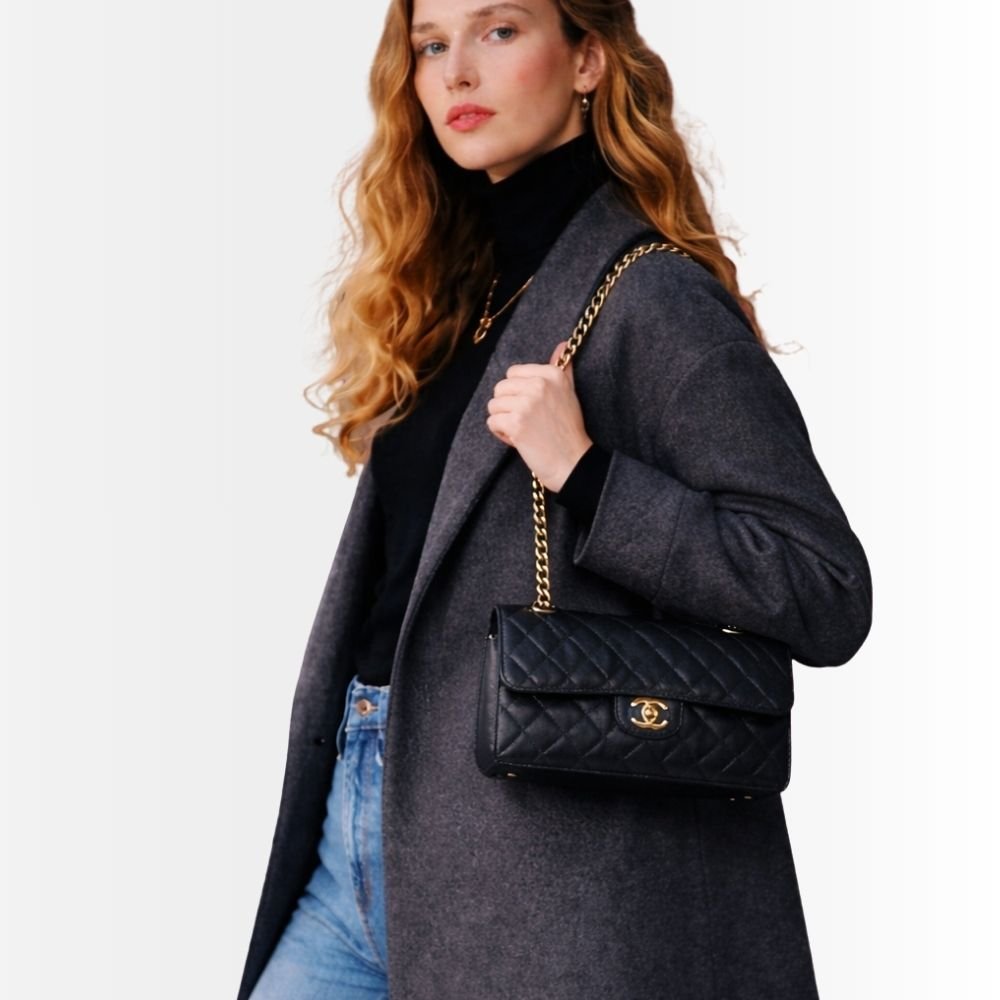 Chanel Classic Medium Handbag Grained And Gold Tone Metal Black 25Cm A01113 Y01864 C3906
