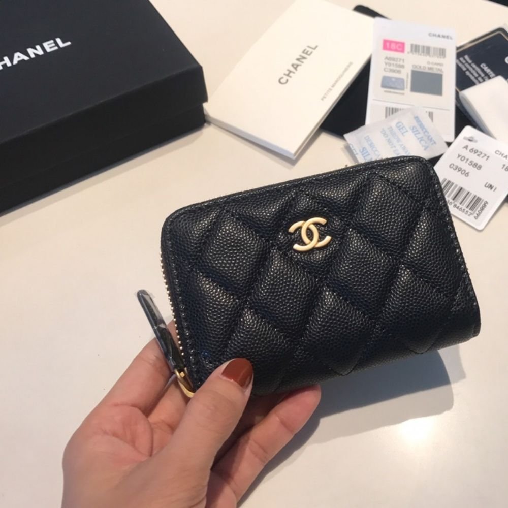 Chanel Classic Zipped Coin Purse Wallet Gold Tone Metal Black 11Cm AP0216 Y01588 C3906