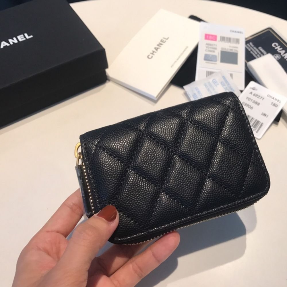 Chanel Classic Zipped Coin Purse Wallet Gold Tone Metal Black 11Cm AP0216 Y01588 C3906