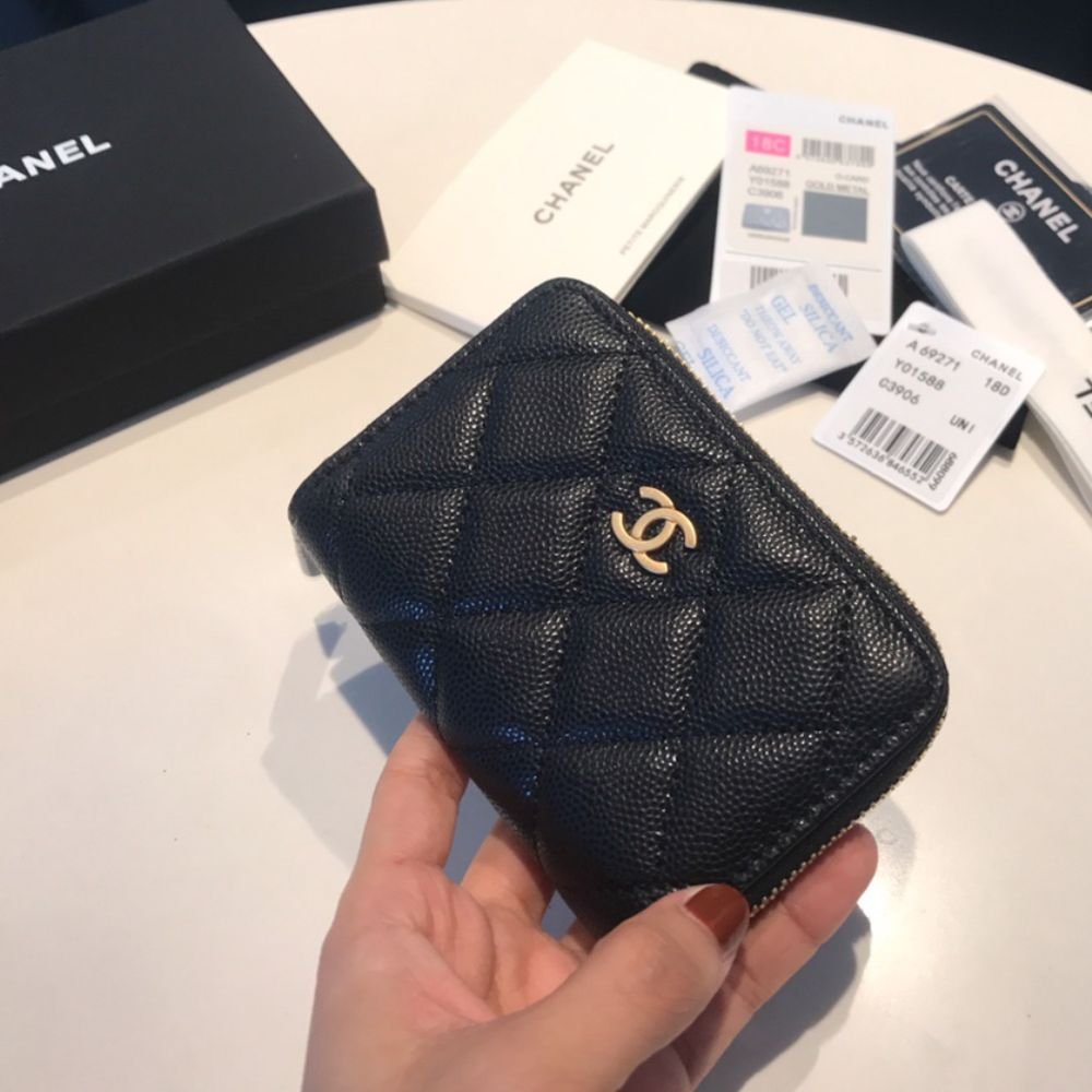 Chanel Classic Zipped Coin Purse Wallet Gold Tone Metal Black 11Cm AP0216 Y01588 C3906
