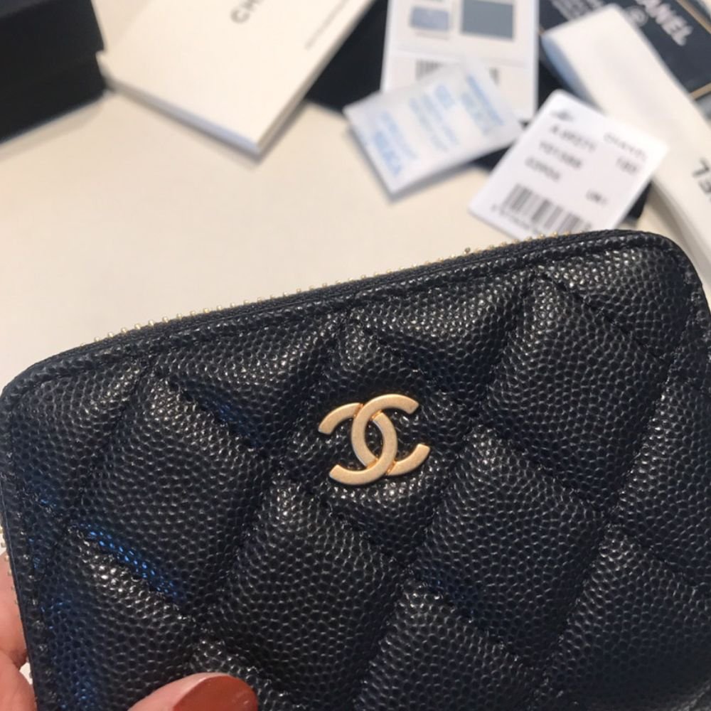 Chanel Classic Zipped Coin Purse Wallet Gold Tone Metal Black 11Cm AP0216 Y01588 C3906