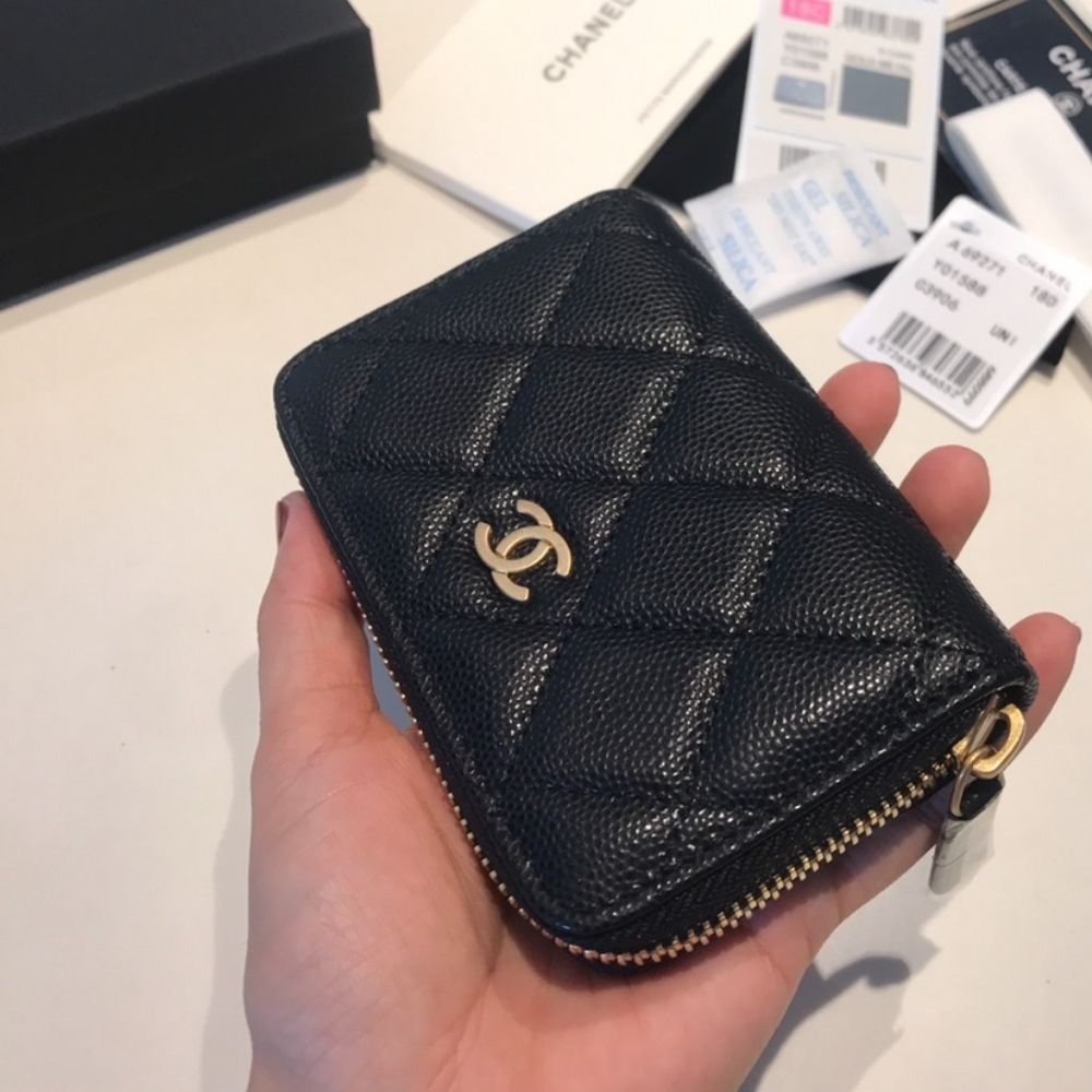 Chanel Classic Zipped Coin Purse Wallet Gold Tone Metal Black 11Cm AP0216 Y01588 C3906