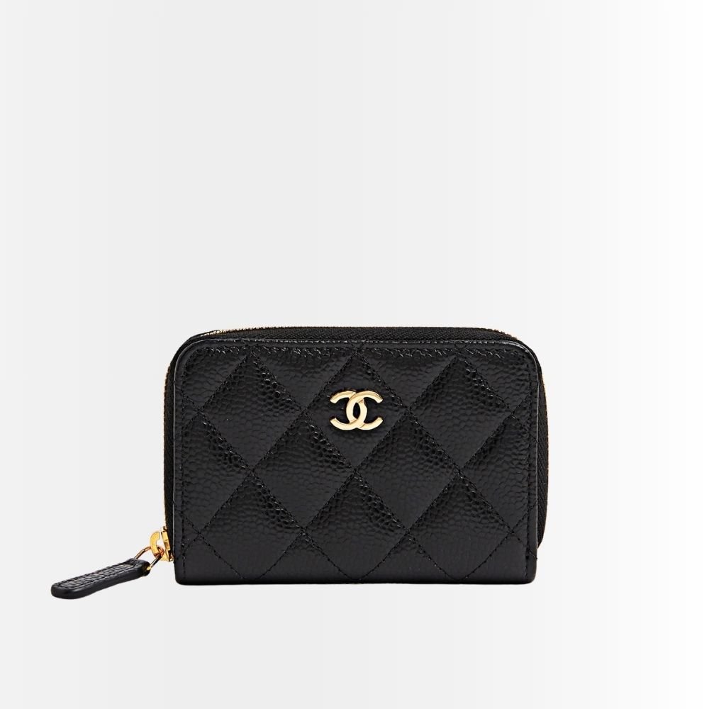 Chanel Classic Zipped Coin Purse Wallet Gold Tone Metal Black 11Cm AP0216 Y01588 C3906