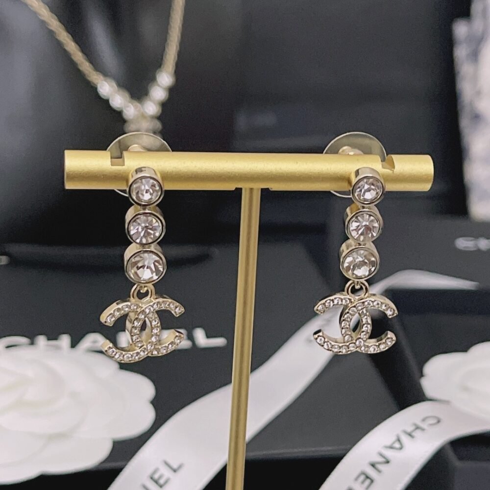 Chanel Crystal CC Drop Earrings Gold