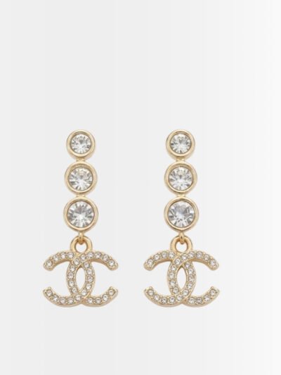Chanel Crystal CC Drop Earrings Gold