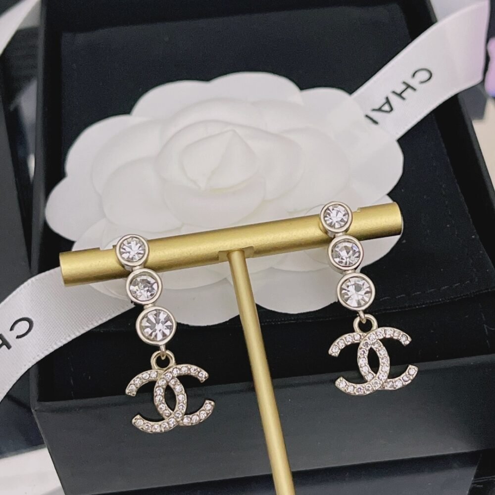 Chanel Crystal CC Drop Earrings Gold