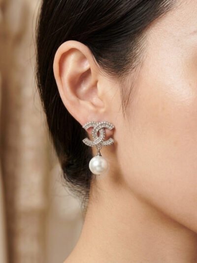 Chanel Crystal Pearl Drop Earrings Silver