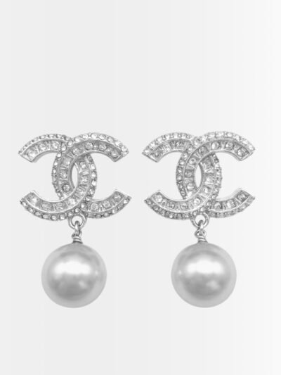 Chanel Crystal Pearl Drop Earrings Silver