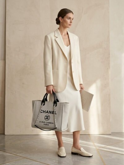 Chanel Deauville Medium Shopping Tote Bag Olive Beige 39Cm