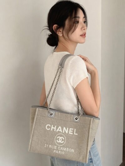 Chanel Deauville Shopping Canvas Tote Bag Grey 33Cm A67001