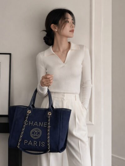 Chanel Deauville Tote Navy Blue And Pearl Details 48Cm