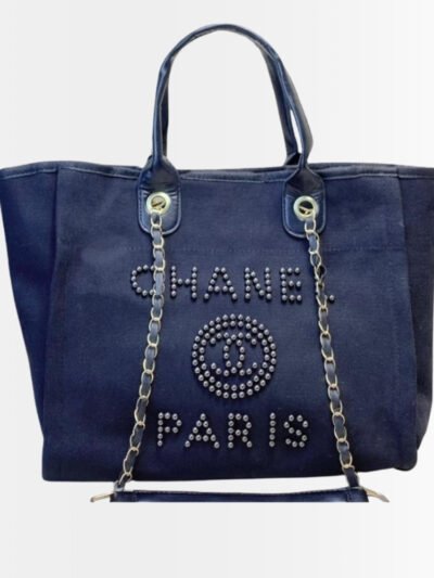Chanel Deauville Tote Navy Blue And Pearl Details 48Cm
