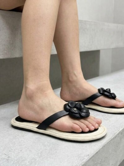 Chanel Flip Flops With Camellia Black
