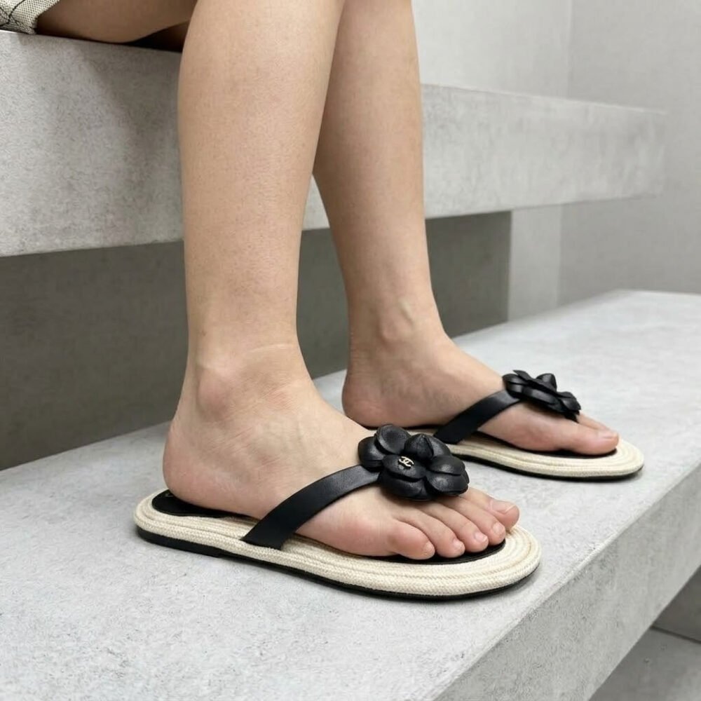 Chanel Flip Flops With Camellia Black