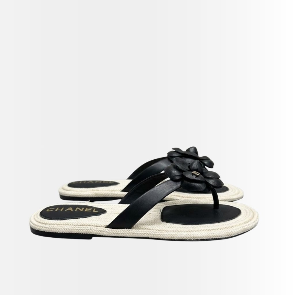 Chanel Flip Flops With Camellia Black