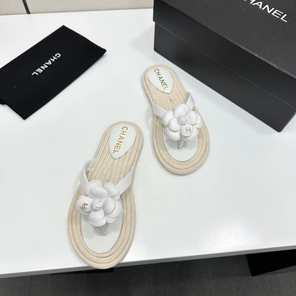 Chanel Flip Flops With Camellia White