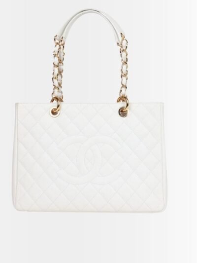 Chanel Grand Shopping Tote Bag White Gone Tone Chain 34Cm
