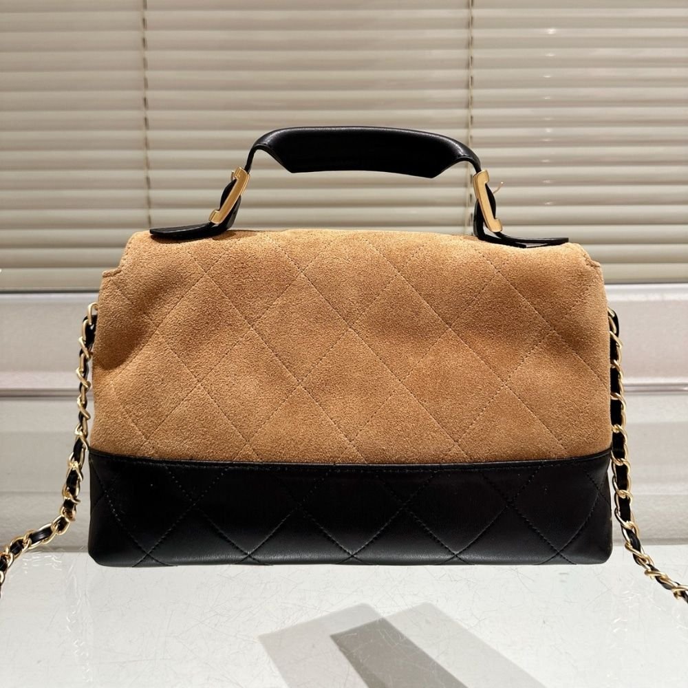 Chanel Large Flap Bag With Top Handle Shiny And Gold Tone Metal Brown Black 29Cm AS5637 B20827 U1536