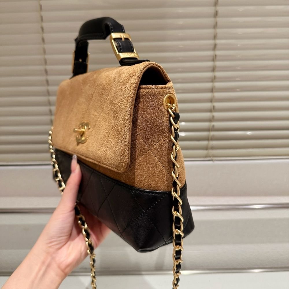 Chanel Large Flap Bag With Top Handle Shiny And Gold Tone Metal Brown Black 29Cm AS5637 B20827 U1536